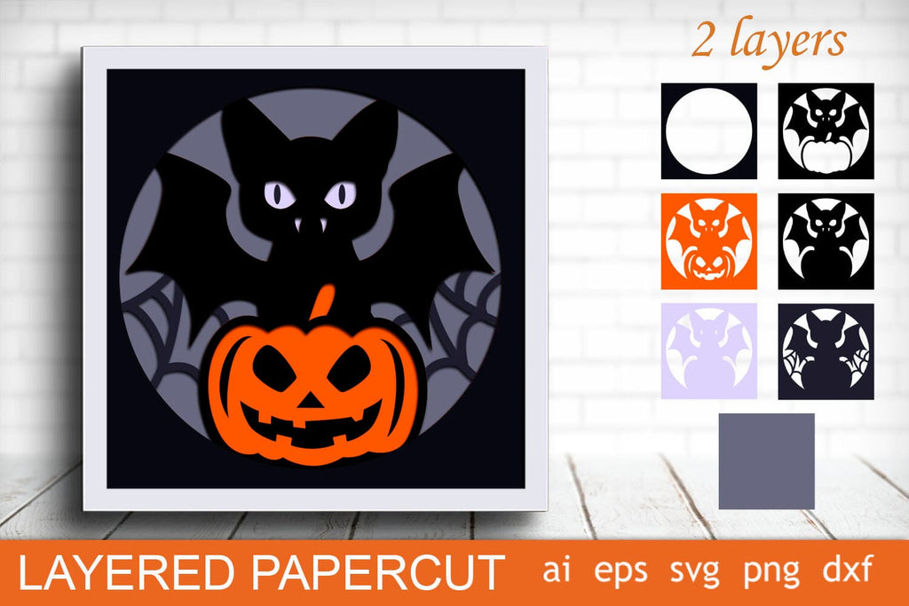 3d Halloween shadow box with scary pumpkin and black cat svg - So Fontsy