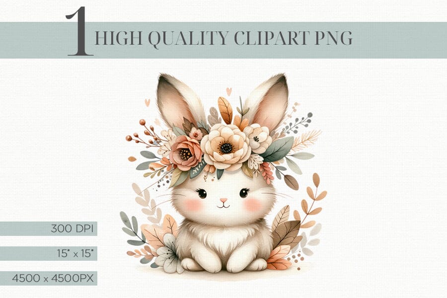 Adorable Watercolor Boho Bunny With Flower Crown Clipart PNG So Fontsy