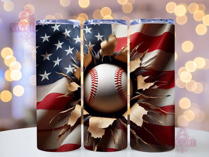 American Baseball 20oz Tumbler Wrap Sublimation Design, Straight Tapered Tumbler Wrap, Baseball Coming Out Of A Hole In A USA Flag Tumbler Png, Instant Digital Download Sublimation SvggirlplusArt 