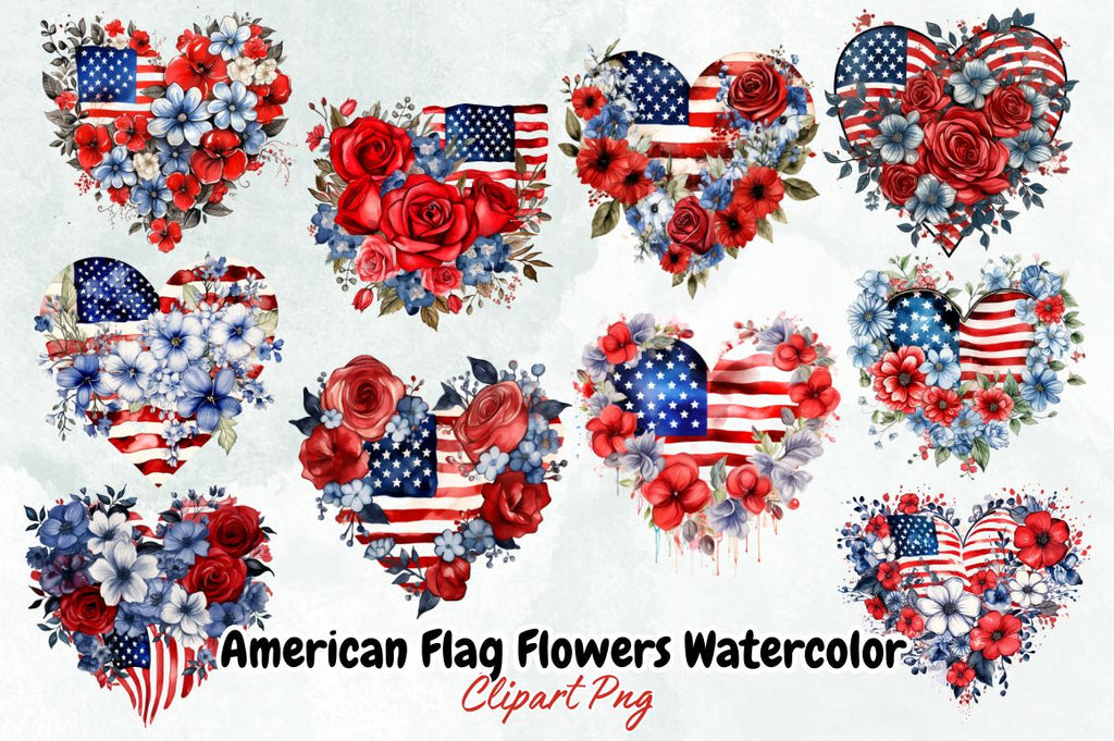 American Flag Flowers Watercolor Clipart Bundle
