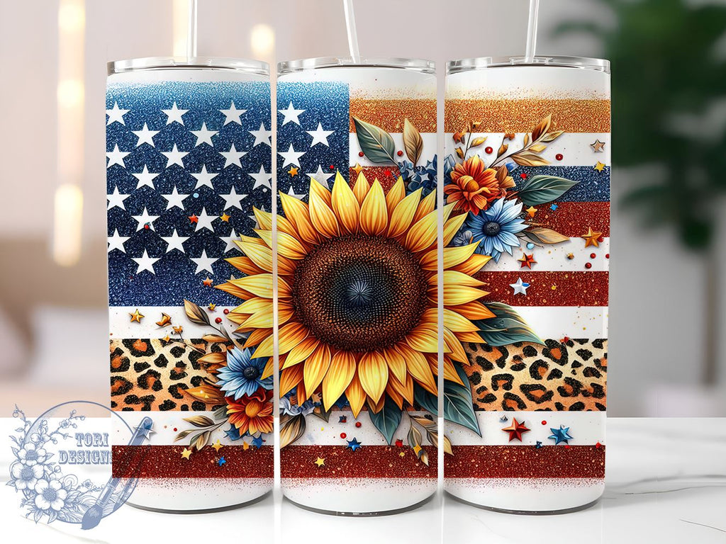 American Sunflower 20oz Skinny Tumbler, Patriotic Sunflower Tumbler Png 