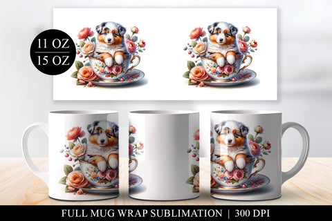 Australian Shepherd Puppy in Teacup Mug Sublimation Design Sublimation BijouBay 