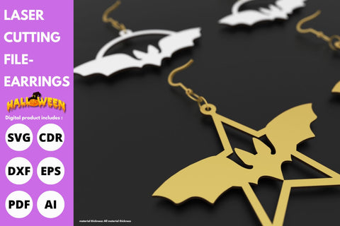 Bat Halloween star moon earrings | paper cut | svg laser cut Glowforge SVG tofigh4lang 