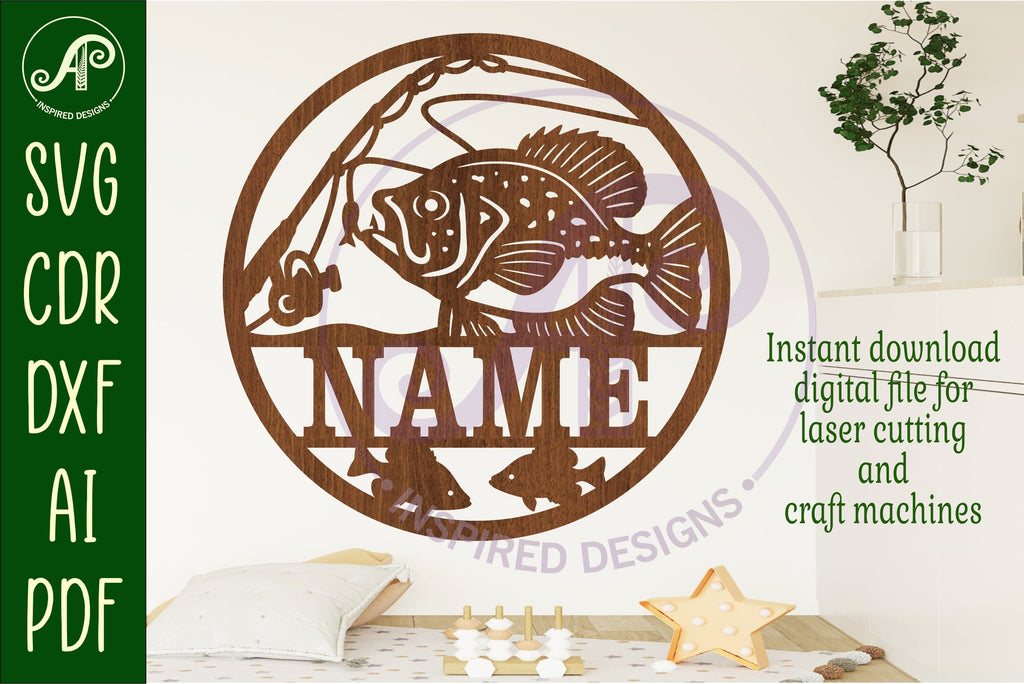 crappie fishing pole svg Black crappie fishing name sign svg laser cut template