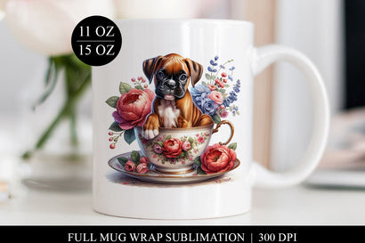 Boxer Puppy Floral Teacup Full Mug Wrap Sublimation Design Sublimation BijouBay 