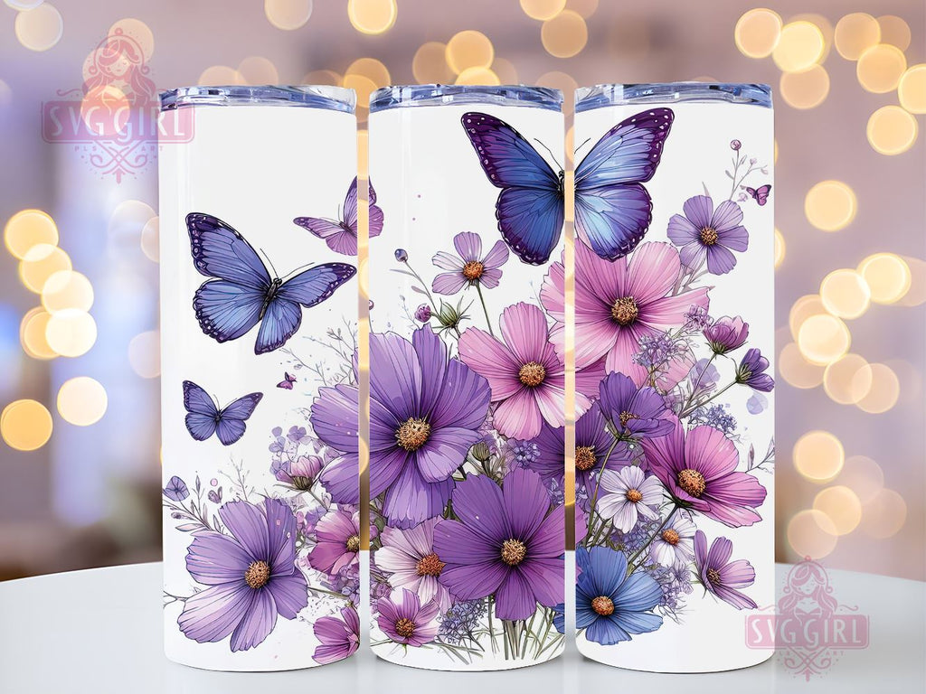 Flowers and butterflies purple tumbler sublimation design.