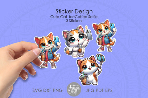 Cute Cat Sticker, Cat Selfie, coffee Digital Pattern Artisan Craft SVG 
