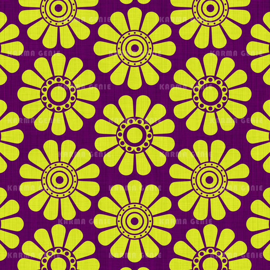 Cyber Lime Green Flowers On Purple Pattern Wallpaper With Fabric 