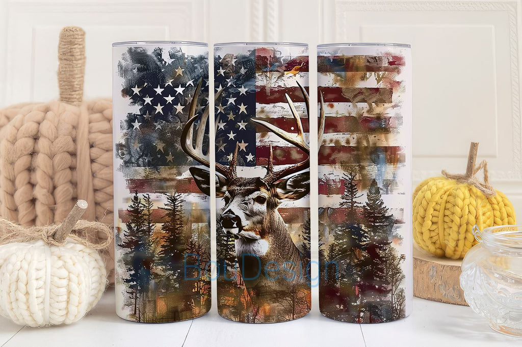Deer Hunting Tumbler Wrap Png with American Flag Illustration – Hunter ...