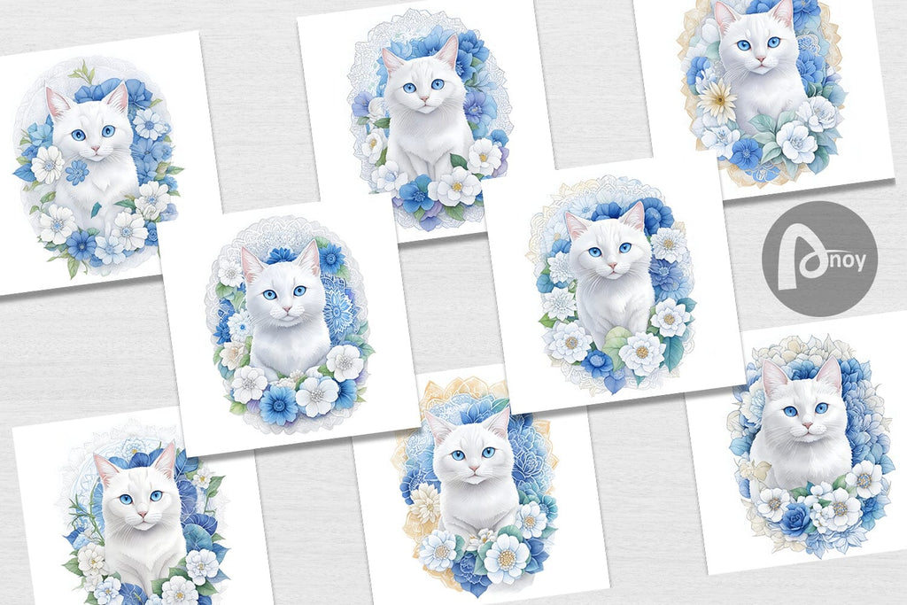 Digital Paper Cat Blue Eyes Floral - So Fontsy