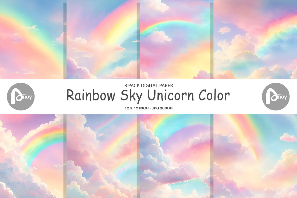 Digital Paper Rainbow Sky Unicorn Color - So Fontsy