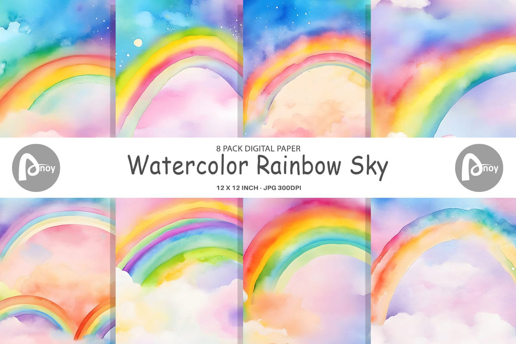 Digital Paper Watercolor Rainbow Sky - So Fontsy
