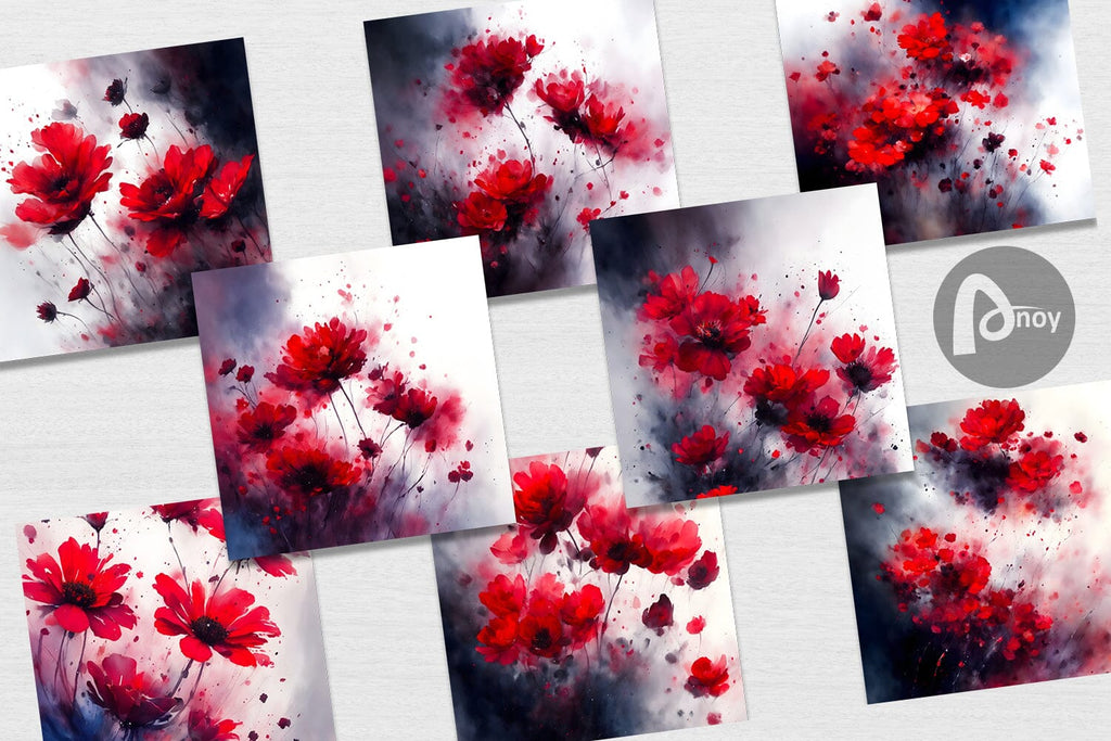 Digital Paper Watercolor Red Flowers - So Fontsy