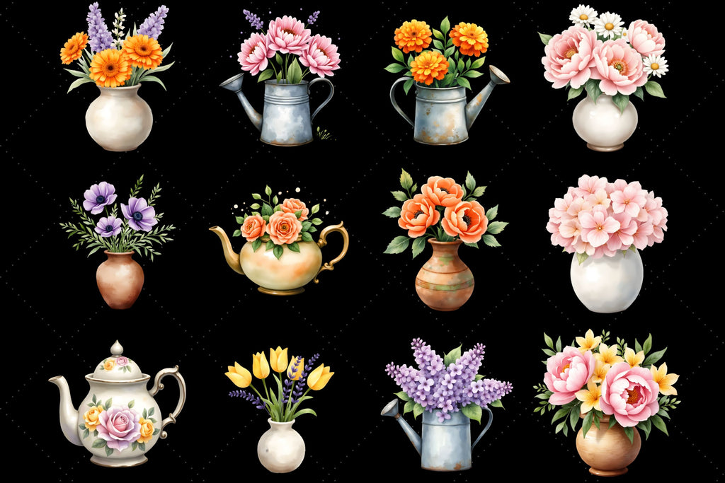 Elegant Watercolor Floral Vase Clipart Collection, PNG - So Fontsy