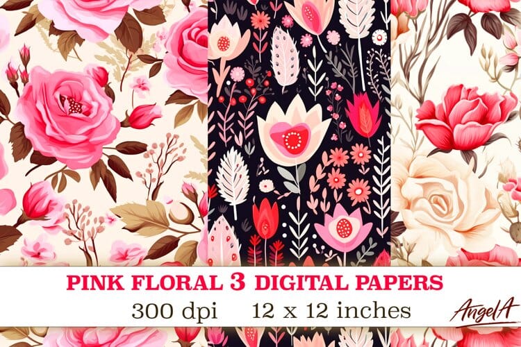 Floral pink digital paper / summer pink flowers pattern - So Fontsy