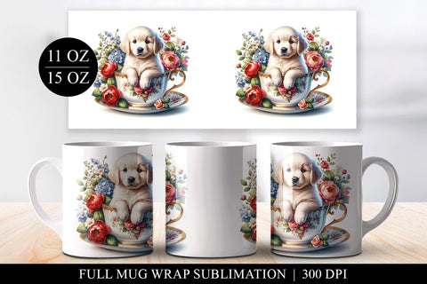 Floral Puppy Coffee Mug Design, Full Mug Wrap Sublimation Sublimation BijouBay 