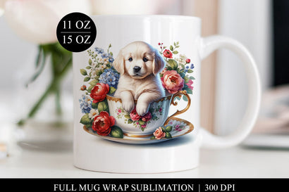 Floral Puppy Coffee Mug Design, Full Mug Wrap Sublimation Sublimation BijouBay 