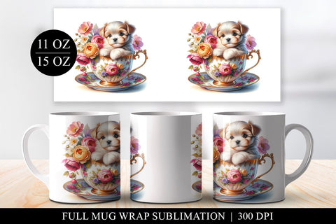Floral Teacup Puppy Mug Design, Full Wrap Sublimation Sublimation BijouBay 