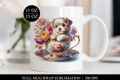 Floral Teacup Puppy Mug Design, Full Wrap Sublimation Sublimation BijouBay 