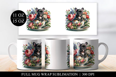 French Bulldog in Teacup Mug Design, Floral Puppy Illustration Sublimation BijouBay 