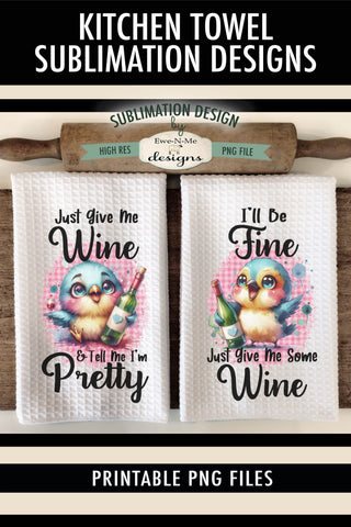 Funny Birds With Wine Kitchen Towel Sublimation Design - PNG Files Sublimation Ewe-N-Me Designs 