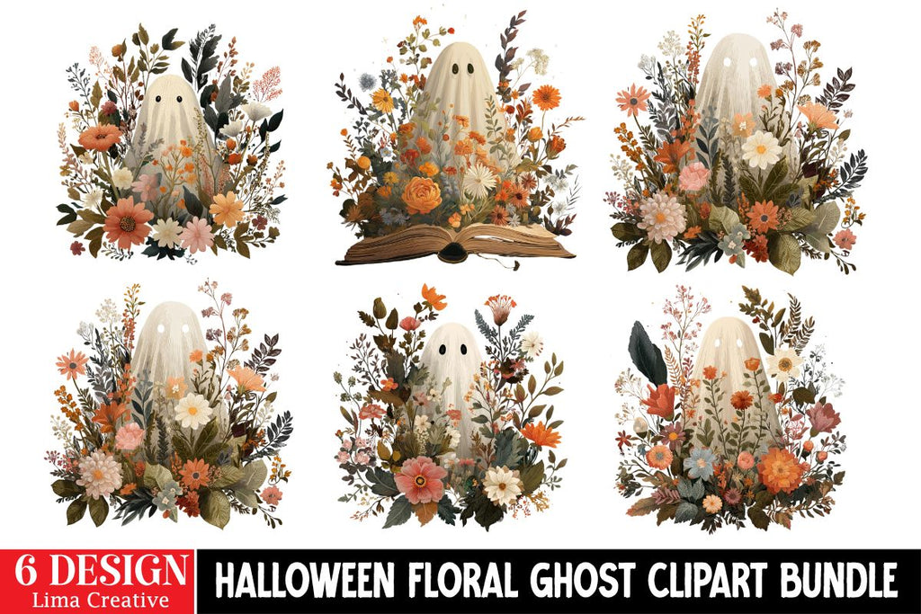 Halloween Floral Ghost Clipart PNG BUndle - So Fontsy