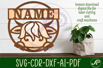 Highland cow name sign svg laser cut template SVG APInspireddesigns 