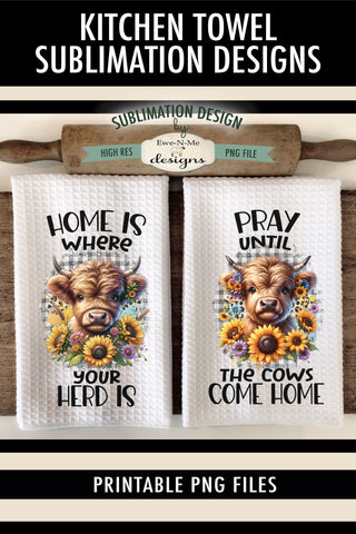 Highland Cows with Sunflowers Daisies Sublimation Dish Towel Design Sublimation Ewe-N-Me Designs 