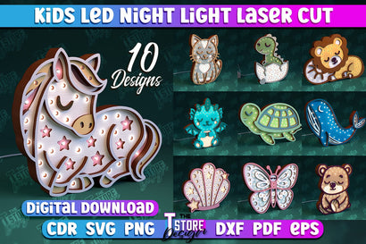 Kids Led Night Light Bundle | Home Design | Night Lamp | Animals Design | CNC Files SVG The T Store Design 