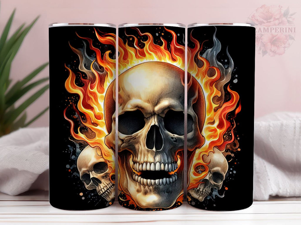 Melted Skull Tumbler Wrap PNG, Skull Fire Tumbler, Straight & Tapered