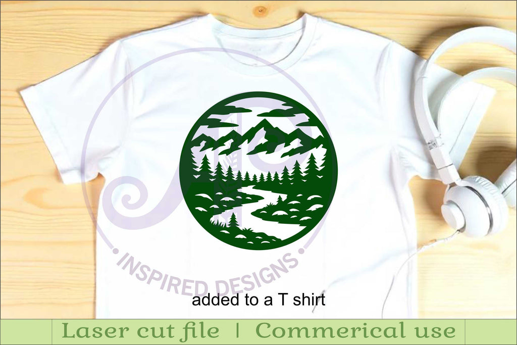 Mountain River Forest Circle SVG Laser Cut File Cabin sign - So Fontsy