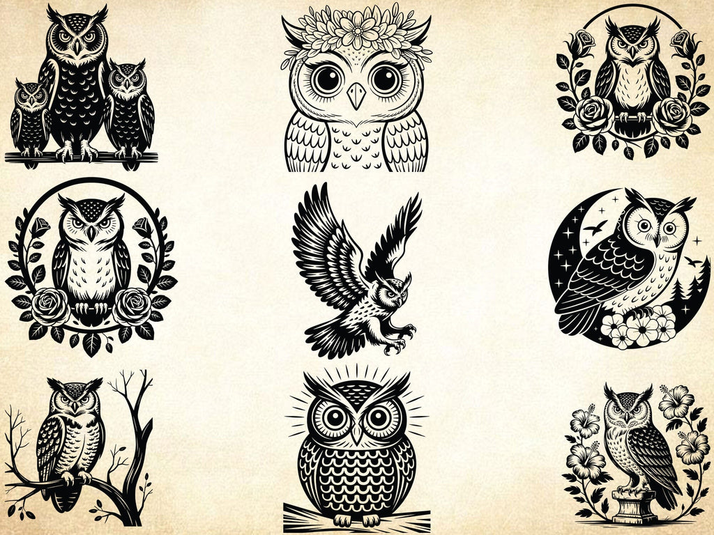 Night Owl SVG Bundle, Owl Bird Clipart, Owl Silhouette, Screech Owl Svg ...