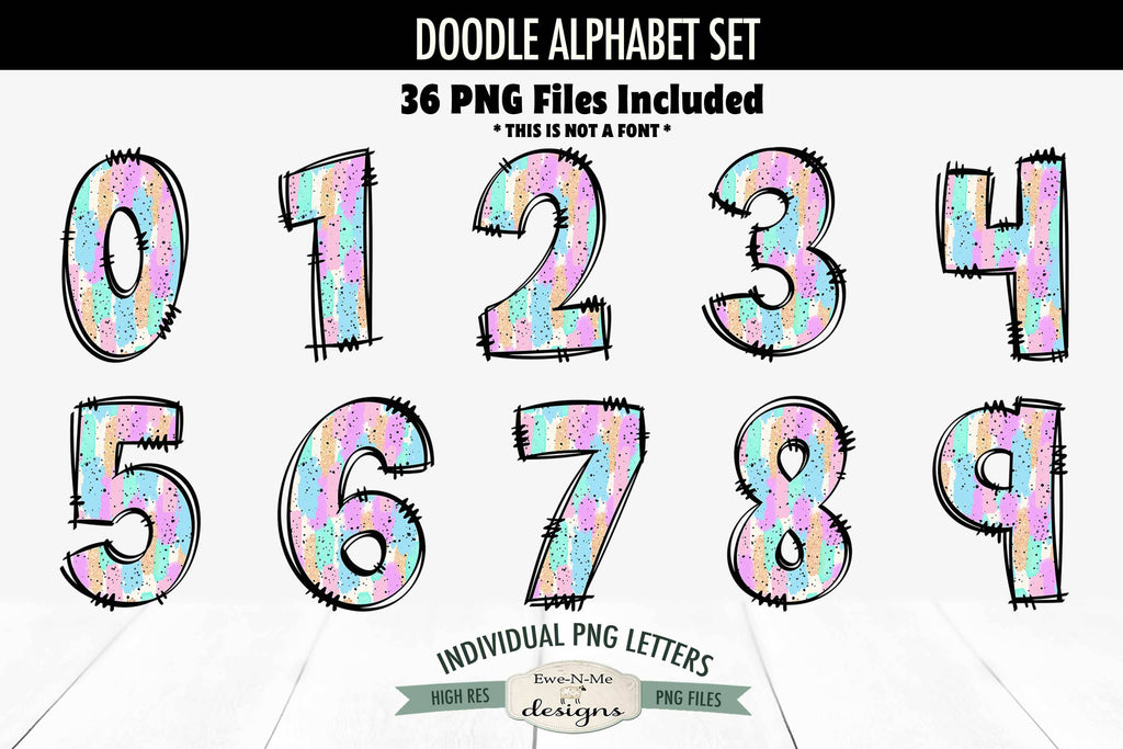 Pastel Brush Stroke Doodle Alphabet Numbers | PNG Files - So Fontsy