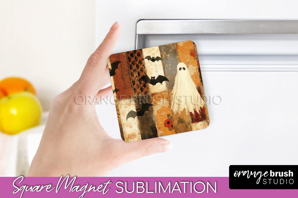 Patchwork Halloween Magnet Sublimation - Ghost Magnet PNG - So Fontsy