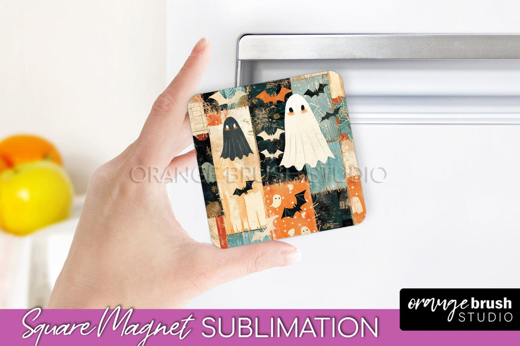 Patchwork Halloween Magnet Sublimation - Ghost Magnet PNG - So Fontsy