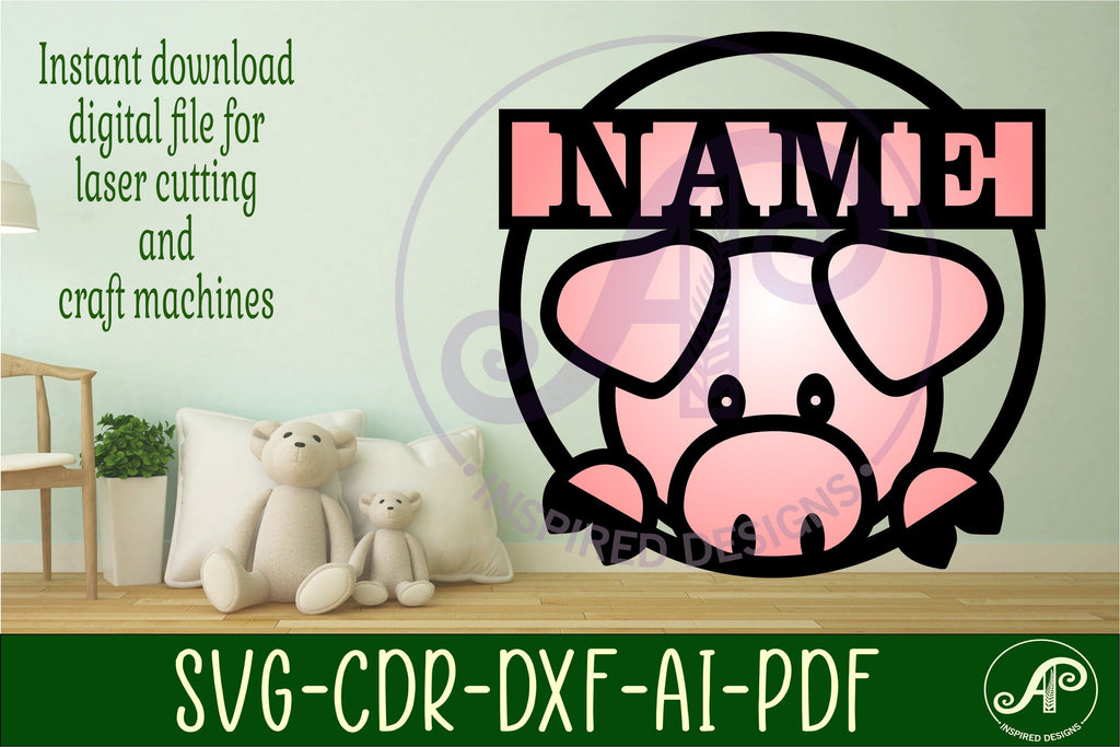 Pig Peeking Name Sign Svg Laser Cut Template - So Fontsy