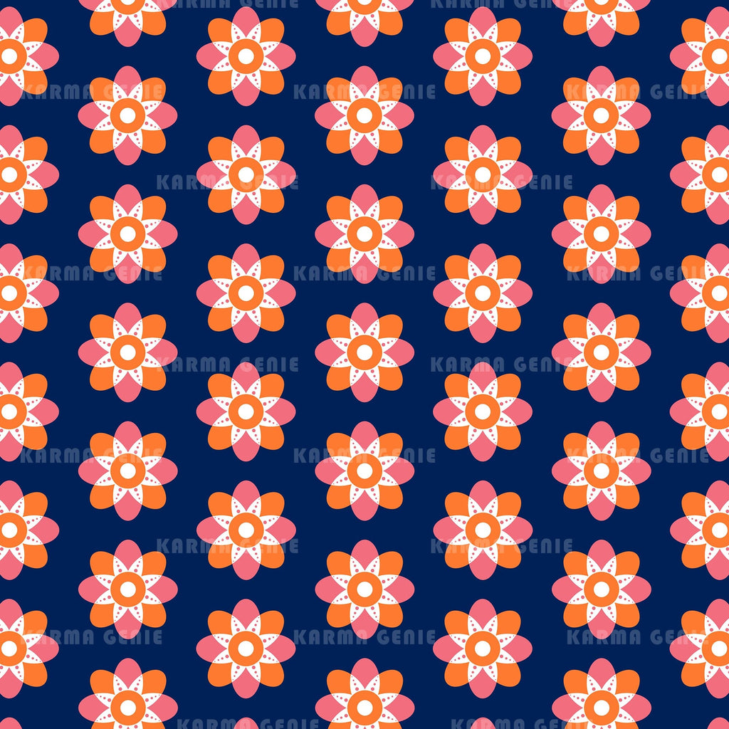 Pink And Orange Retro Flowers On Dark Blue Pattern Digital Paper - So ...