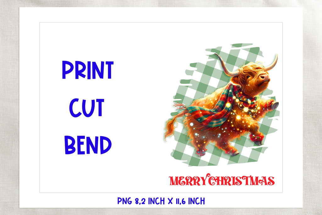 Printable Christmas card template, cute highland cow PNG - So Fontsy