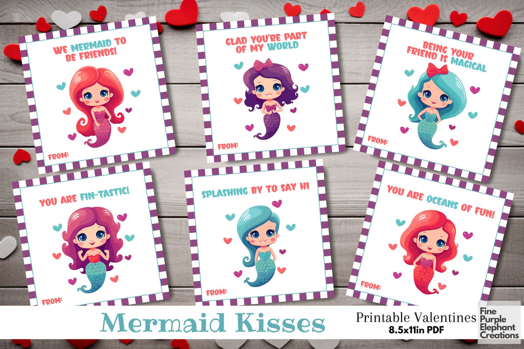 Printable Kid Magical Mermaid Valentine Digital Paper Cards - So Fontsy