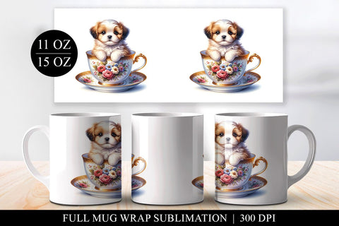 Puppy in Teacup Mug Wrap Design, Full Mug Sublimation Sublimation BijouBay 