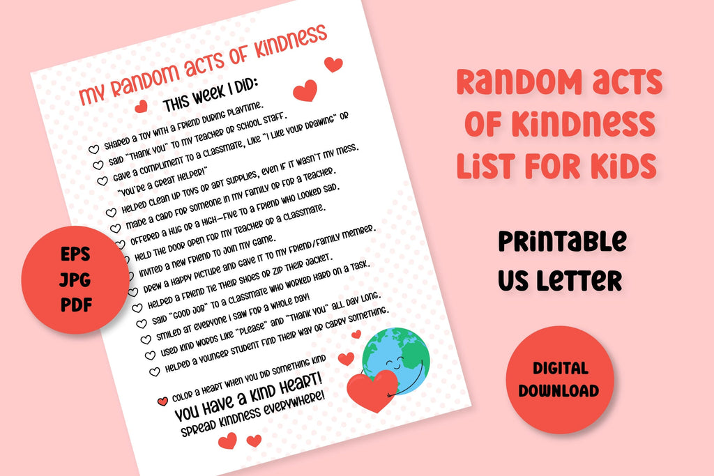 Random Acts of Kindness Day Printable List for Kids PDF JPG | Activity ...
