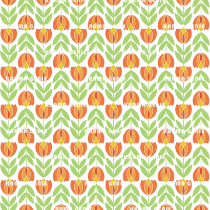 Retro Modern Mid Century Orange Green Tulip Flowers Background Pattern Digital Paper Digital Pattern Karma Genie Graphics 