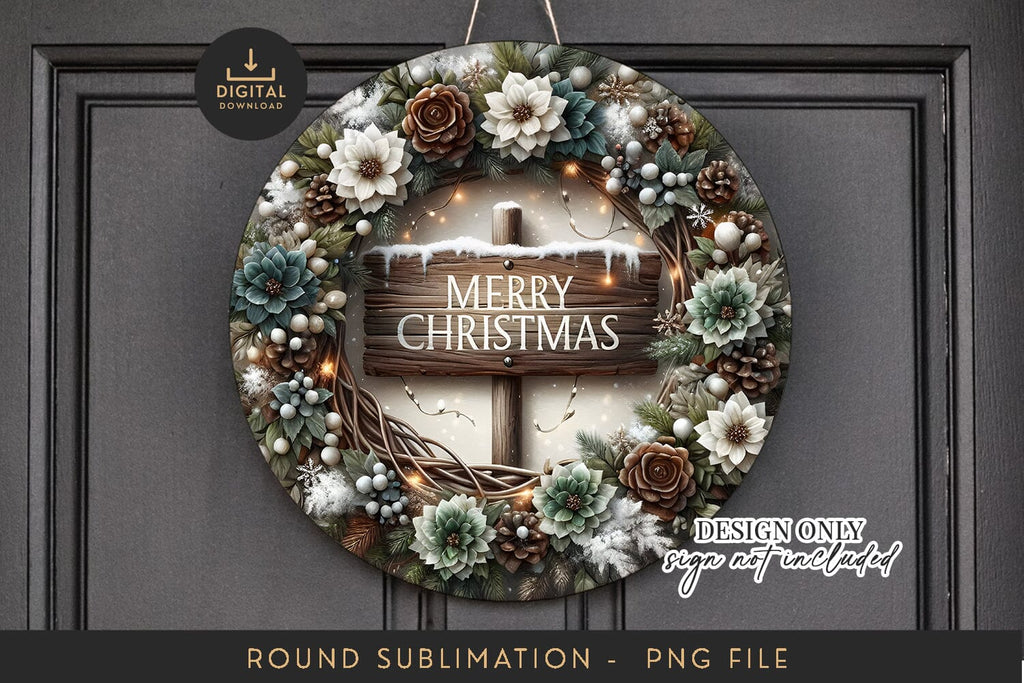 Rustic Wood Sign Sublimation PNG - Round Christmas Wreath - So Fontsy