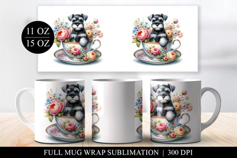 Schnauzer Floral Teacup Full Mug Wrap Sublimation Design Sublimation BijouBay 