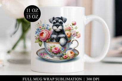 Schnauzer Floral Teacup Full Mug Wrap Sublimation Design Sublimation BijouBay 