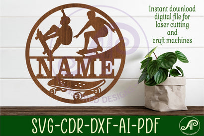 Skateboarder male Name sign svg laser cut template SVG APInspireddesigns 