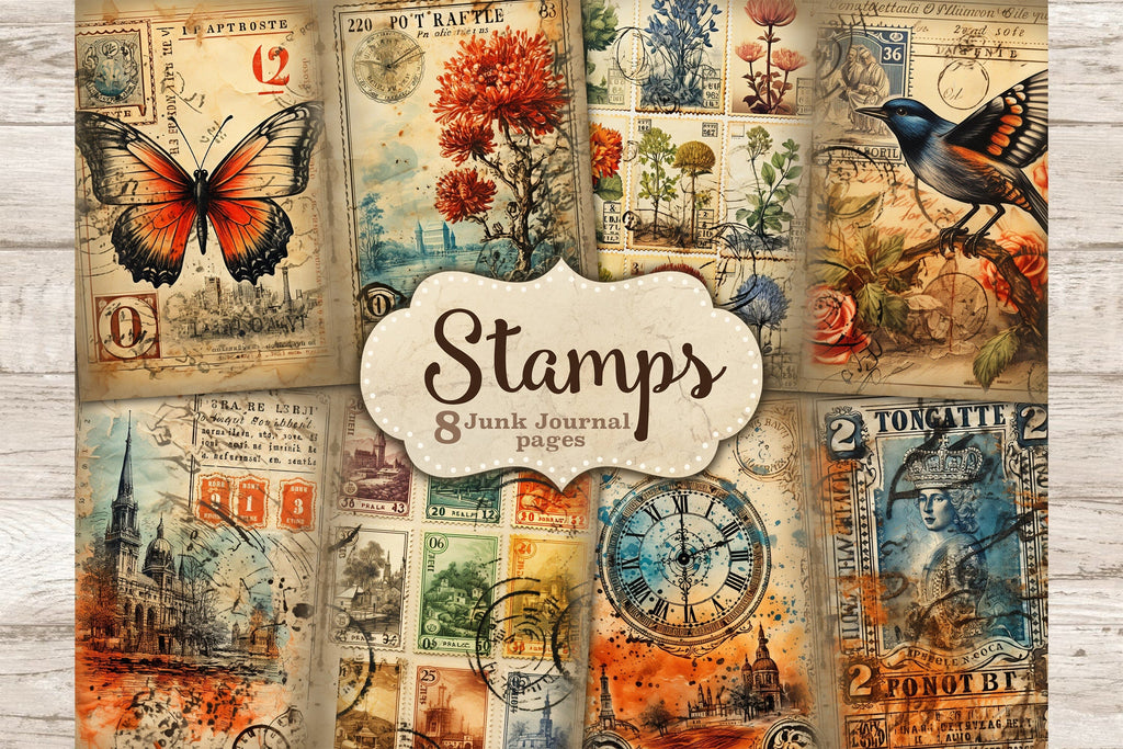 Stamps Junk Journal Pages | Vintage Collage Sheet - So Fontsy