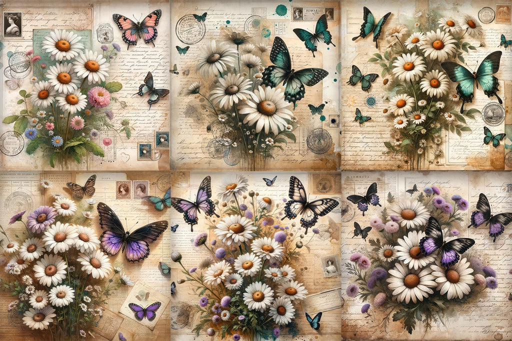 Vintage Butterfly Daisies Digital Paper Pack - So Fontsy