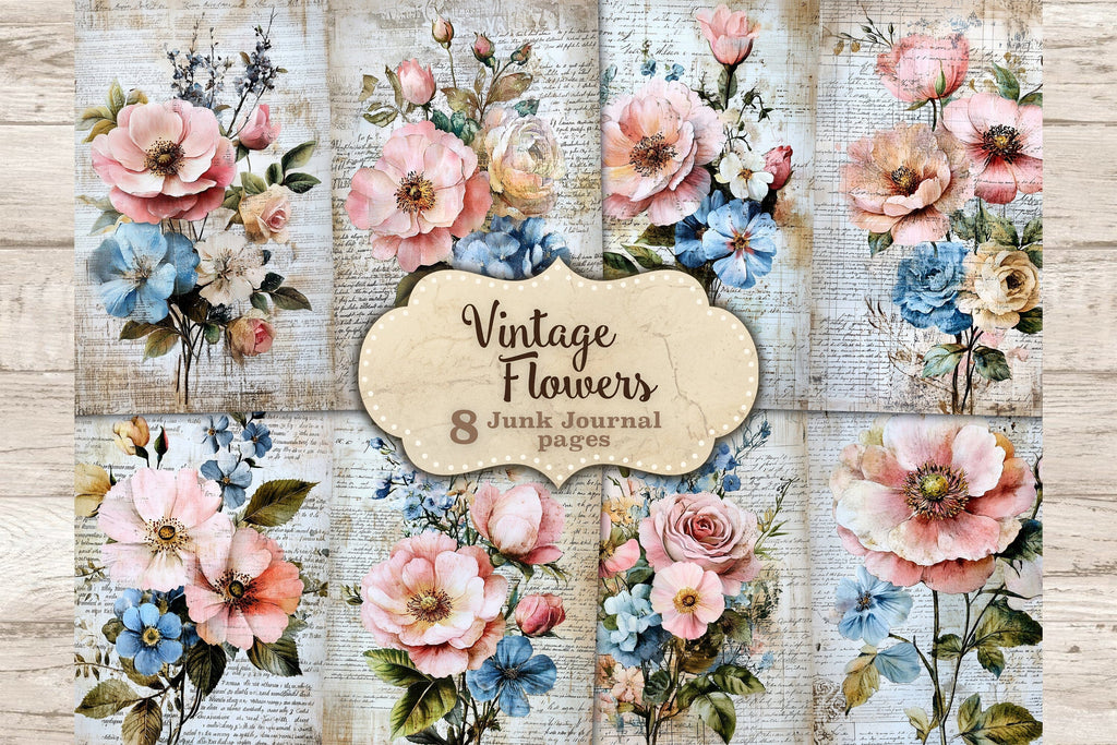 Vintage Flowers Junk Journal Pages | Botanical Collage Sheet - So Fontsy