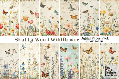Vintage Wood Wildflower Field Pattern | Boho Shabby Chic Digital Pattern Fine Purple Elephant Creations 